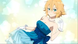 Rule 34 | 1girl, aqua eyes, blonde hair, blue bow, blue dress, blush, bow, breasts, cleavage, collarbone, dress, frilled skirt, frills, game cg, gloves, hair between eyes, highres, jewelry, layered dress, looking at viewer, medium breasts, necklace, official art, philia (sao), short hair, skirt, skirt hold, sleeveless, sleeveless dress, smile, solo, standing, sword art online, sword art online: fatal bullet, white gloves