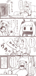 Rule 34 | +++, 0 0, 10s, 3girls, 4koma, :d, ^ ^, abyssal ship, airfield princess, april fools, arrow (symbol), chibi, claws, closed eyes, comic, couch, covered mouth, detached sleeves, dress, closed eyes, flying sweatdrops, gloom (expression), highres, horns, kantai collection, mittens, monochrome, multiple girls, northern ocean princess, open mouth, ruton-niki, seaport princess, single horn, sitting, sitting on lap, sitting on person, smile, speech stab, stab, table, tears, television, translation request, watching television