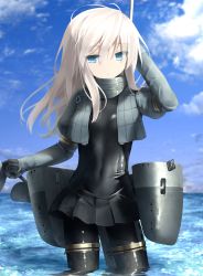 Rule 34 | 10s, 1girl, black pantyhose, blonde hair, blue eyes, cropped jacket, day, dress, goribote, kantai collection, long hair, long sleeves, looking at viewer, military, military uniform, open mouth, outdoors, pantyhose, puffy long sleeves, puffy sleeves, solo, standing, u-511 (kancolle), uniform, wading, water