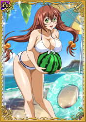 Rule 34 | 1girl, bikini, blue sky, breasts, breasts squeezed together, brown hair, card (medium), day, food, fruit, glasses, green eyes, hair ornament, ikkitousen, large breasts, long hair, looking at viewer, official art, open mouth, ryuubi gentoku, shiny skin, sky, solo, swimsuit, very long hair, watermelon, white bikini