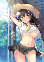 Rule 34 | 1girl, :d, areola slip, arm up, armpit peek, black hair, black skirt, blush, breasts, commentary request, cowboy shot, crop top, crop top overhang, day, gluteal fold, green eyes, hair ornament, hairclip, hat, highres, large breasts, looking at viewer, midriff, miniskirt, navel, neckerchief, nipples, no panties, open mouth, original, outdoors, pleated skirt, sanshoku amido, school uniform, serafuku, skirt, smile, solo, standing, straw hat, sun hat, sweat, underboob, yellow neckerchief