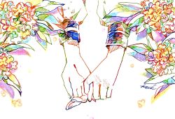Rule 34 | 2girls, absurdres, colorful, flower, hand focus, hatching (texture), highres, holding hands, multiple girls, original, osmanthus, signature, simple background, striped, watanabe tomari, white background, yuri