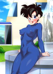 Rule 34 | 1girl, black hair, blue bodysuit, blue eyes, blue sky, blush, bodysuit, breasts, building, cloud, covered erect nipples, covered navel, dragon ball, dragonball z, fountain, grass, impossible bodysuit, impossible clothes, looking at viewer, medium breasts, nipples, open mouth, rom (20), short hair, sitting, sky, smile, solo, videl