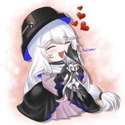 Rule 34 | 1girl, ^ ^, anistrae, arknights, artist name, black dress, black gloves, black hat, blush, character doll, chibi, closed eyes, doll, dress, fingerless gloves, gladiia (arknights), gloves, hat, heart, holding, holding doll, long hair, long sleeves, looking at viewer, low ponytail, official alternate costume, open mouth, solo, specter (arknights), specter (undercurrent) (arknights), very long hair, white hair