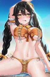 Rule 34 | 1girl, :p, absurdres, arm up, bikini, black hair, blue sky, blush, bow, bow bikini, bowtie, braid, breasts, egg hair ornament, eggy tamagoki, food-themed hair ornament, hair between eyes, hair bow, hair ornament, highres, long hair, navel, orange bikini, orange bow, original, plaid, plaid bow, side-tie bikini bottom, sitting, sky, solo, swimsuit, tongue, tongue out, twin braids, twitter username, water, wet, yellow bow, yellow bowtie, yellow eyes