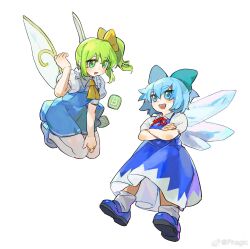 Rule 34 | 2girls, aqua bow, arm up, ascot, blue eyes, blue hair, blue shorts, bomb item (touhou), bow, chinese commentary, cirno, commentary request, crossed arms, daiyousei, dress, green eyes, green hair, hair bow, hair ribbon, highres, mary janes, multiple girls, open mouth, pantyhose, phagic, pinafore dress, puffy short sleeves, puffy sleeves, ribbon, shirt, shoes, short hair, short sleeves, shorts, side ponytail, simple background, sleeveless, sleeveless dress, smile, socks, touhou, weibo watermark, white background, white pantyhose, white shirt, white socks, wings, yellow ascot, yellow ribbon
