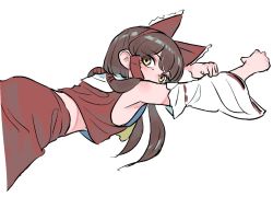 Rule 34 | 1girl, armpits, bare shoulders, blouse, bow, brown eyes, brown hair, covered mouth, detached sleeves, frogsnake, hair bow, hair tubes, hakurei reimu, long hair, looking at viewer, lying, midriff, on stomach, red bow, red ribbon, red shirt, red skirt, ribbon, ribbon-trimmed sleeves, ribbon trim, shirt, sidelocks, simple background, sketch, skirt, sleeveless, sleeveless shirt, solo, touhou, white sleeves, wide sleeves