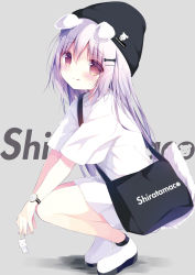 Rule 34 | 1girl, :q, animal ears, ankle boots, bag, bare legs, beanie, black hat, blush, boots, charm (object), circle name, dog ears, dog girl, dog tail, dress, fingernails, from side, full body, grey nails, hair ornament, hairclip, hat, highres, holding, long hair, looking at viewer, looking to the side, nail polish, no socks, original, over shoulder, purple hair, purple nails, red eyes, shiratama (shiratamaco), shiroi inu, shopping bag, short sleeves, solo, squatting, tail, tareme, tongue, tongue out, watch, white dress, white footwear, wristwatch