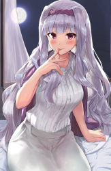 Rule 34 | 1girl, :p, absurdres, breasts, curtains, full moon, hairband, highres, idolmaster, idolmaster (classic), idolmaster million live!, idolmaster million live! theater days, licking, licking finger, long hair, medium breasts, moon, purple eyes, purple hairband, shawl, shijou takane, shuucream (syuichi), silver hair, solo, tongue, tongue out, window