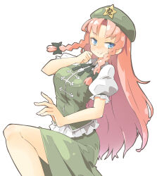 Rule 34 | 1girl, arnest, blue eyes, blush, braid, chinese clothes, closed mouth, collared shirt, green hat, green skirt, green vest, hat, hat ornament, highres, hong meiling, long hair, puffy short sleeves, puffy sleeves, red hair, shirt, short sleeves, simple background, skirt, smile, solo, star (symbol), star hat ornament, touhou, twin braids, vest, white background, white shirt