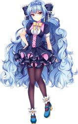 Rule 34 | 1girl, agekichi (heart shape), artwhirl mahou gakuen no otome-tachi, black pantyhose, black skirt, blue bow, blue footwear, blue hair, bow, bowtie, braid, closed mouth, crown braid, frilled bow, frills, full body, hair between eyes, hair bow, hand on own hip, layered skirt, long hair, looking at viewer, miniskirt, pantyhose, red eyes, short sleeves, silvia (artwhirl), skirt, smile, solo, standing, striped, striped bow, tachi-e, transparent background, very long hair, yellow bow, yellow bowtie