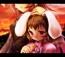 Rule 34 | 2girls, animal ears, bad id, bad pixiv id, blazer, brown hair, carrot, carrot necklace, female focus, hand on another&#039;s head, height difference, inaba tewi, jacket, jewelry, lens flare, letterboxed, long hair, multiple girls, necklace, pendant, purple hair, rabbit ears, red eyes, reisen udongein inaba, ribbon, scarlet (studioscr), sunset, tears, touhou
