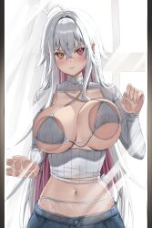 Rule 34 | 1girl, :t, absurdres, against glass, ahoge, blush, breast press, breasts, breasts on glass, crossed bangs, earrings, hand on glass, heterochromia, highres, jewelry, large breasts, long hair, looking at viewer, mole, multicolored hair, navel, original, pink hair, pout, red eyes, revealing clothes, solo, two-tone hair, very long hair, vitaminechan, vivi (vitaminechan), white hair, yellow eyes