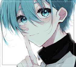 Rule 34 | 1boy, black jacket, blue eyes, blue hair, blue lock, closed mouth, hand up, highres, jacket, looking at viewer, male focus, multicolored clothes, multicolored jacket, natsuneco 02, short hair, simple background, smile, solo, two-tone jacket, upper body, white background, white jacket, you hiori