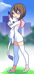 Rule 34 | 2girls, animal, blue eyes, boots, brown hair, building, cat, city, cityscape, cloud, digimon, digimon (creature), digimon adventure, drantyno, grass, highres, holding, holding animal, holding cat, hood, hoodie, long sleeves, looking at viewer, multiple girls, open mouth, pink eyes, pink footwear, pink hoodie, short hair, sky, skyscraper, standing, tail, tail ornament, tail ring, tailmon, teeth, thighhighs, white thighhighs, yagami hikari