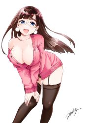 Rule 34 | 1girl, :d, bad id, bad pixiv id, bare shoulders, black panties, black thighhighs, blue eyes, blunt bangs, blush, breasts, brown hair, cardigan, cleavage, collarbone, earrings, eyebrows, fringe trim, garter straps, glasses, hand on own knee, happy, highres, jewelry, lace, lace-trimmed legwear, lace-trimmed panties, lace trim, large breasts, leaning, leaning forward, long hair, looking at viewer, nikaido ko (artist), nikaidou kou, no bra, off shoulder, open mouth, original, panties, rimless eyewear, sign, signature, simple background, smile, solo, thick eyebrows, thighhighs, underwear, white background