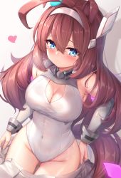 Rule 34 | 1girl, absurdres, ahoge, animal ears, arata (xin), blue eyes, blush, breasts, brown hair, clothes pull, covered navel, detached sleeves, hair between eyes, hairband, heart, highres, horse ears, horse girl, horse tail, large breasts, leotard, long hair, long sleeves, looking at viewer, mihono bourbon (umamusume), simple background, skirt, skirt pull, solo, sweat, tail, thighs, umamusume, white background, white leotard