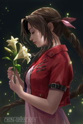 Rule 34 | 1girl, aerith gainsborough, anna lynn, artist name, braid, braided ponytail, commentary, cropped jacket, dress, english commentary, closed eyes, final fantasy, final fantasy vii, final fantasy vii remake, flower, from side, hair ribbon, highres, holding, holding flower, jacket, lily (flower), long hair, pink dress, pink ribbon, red jacket, ribbon, short sleeves, solo, square enix, upper body, very long hair