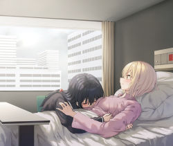 Rule 34 | 2girls, bed, black hair, black shirt, blonde hair, blush, breasts, brown eyes, building, closed eyes, closed mouth, collared shirt, commentary, day, dress shirt, hair between eyes, highres, hospital bed, indoors, long hair, long sleeves, lying, multiple girls, on back, original, pillow, pink shirt, piripun, shirt, small breasts, smile, under covers, window, yuri