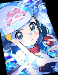 Rule 34 | 1girl, absurdres, beanie, blush, bubble, closed mouth, commentary, creatures (company), dawn (pokemon), eyelashes, floating scarf, game freak, grey eyes, hair ornament, hairclip, hands up, hat, highres, holding, holding poke ball, long hair, looking at viewer, nintendo, outstretched hand, poke ball, poke ball (basic), pokemon, pokemon dppt, pon yui, red scarf, scarf, sleeveless, solo, spread fingers, sweatdrop