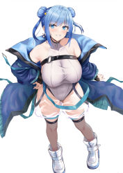 Rule 34 | 1girl, bare shoulders, blue coat, blue eyes, blue hair, breasts, brown thighhighs, buckle, coat, commentary request, covered collarbone, detached sleeves, double bun, duel monster, earrings, evil twin lil-la, fishnet thighhighs, fishnets, from above, grey leotard, grin, hair bun, hair ornament, halterneck, hand on own hip, head tilt, highres, hip vent, jewelry, large breasts, leotard, lil-la (yu-gi-oh!), long sleeves, looking at viewer, medium hair, off shoulder, open clothes, open coat, over-kneehighs, see-through, shoes, shorts, sidelocks, simple background, smile, solo, standing, star (symbol), star hair ornament, taut leotard, thighhighs, white background, white footwear, yu-gi-oh!, yukishiro arte