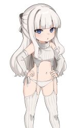 Rule 34 | 1girl, :o, bare shoulders, blue eyes, blunt bangs, bow, cropped sweater, detached sleeves, frown, garter straps, grey bow, hair bow, half updo, hands on own hips, highres, long hair, long sleeves, looking at viewer, meme attire, monomogi, navel, original, panties, ribbed sleeves, ribbed sweater, ribbed thighhighs, side-tie panties, simple background, sleeveless, sleeveless sweater, sleeveless turtleneck, solo, stomach, sweater, thighhighs, turtleneck, turtleneck sweater, underwear, viktoria riona (monomogi), virgin destroyer sweater, white background, white hair, white panties, white sleeves, white sweater, wide hips