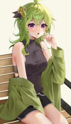 Rule 34 | 1girl, :o, absurdres, ahoge, alternate costume, bandeau, bare shoulders, black shorts, blush, breasts, collei (genshin impact), commentary, educk, genshin impact, green hair, green jacket, hand up, highres, jacket, long hair, long sleeves, looking at viewer, medium breasts, open mouth, purple eyes, shorts, sitting, sleeveless, solo, thighs