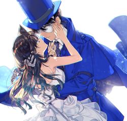 Rule 34 | 1boy, 1girl, blue capelet, blue eyes, blue hat, brown hair, capelet, couple, dress, eye contact, floating hair, gloves, grey gloves, hat, holding, long hair, looking at another, magic kaito, mask, meitantei conan, mouri ran, parted lips, ro-a, short dress, simple background, sleeveless, sleeveless dress, strapless, strapless dress, white background, white dress