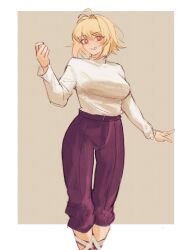 1girl absurdres adapted_costume antenna_hair arcueid_brunestud blonde_hair breasts ezekquel grin hair_intakes highres large_breasts long_sleeves pants purple_pants red_eyes short_hair single_hair_intake smile smirk solo sweater sweater_tucked_in tsukihime turtleneck turtleneck_sweater type-moon white_sweater