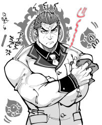 Rule 34 | 1boy, aizen (housamo), angry, bara, biceps, facial mark, forehead mark, formal, frown, greyscale, halo, halo behind head, highres, kizami nori to yamaimo, male focus, monochrome, muscular, muscular male, necktie, pectorals, shirt, short hair, sideburns, solo, suit, tight clothes, tight shirt, tokyo houkago summoners, translation request, upper body