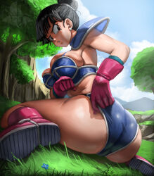 Rule 34 | 1girl, absurdres, angry, armor, ass, bikini armor, black eyes, black hair, blue sky, boots, chi-chi (dragon ball), cloud, dragon ball, dragon ball (classic), dragonball z, earrings, elite nappa, flower, from behind, gloves, grass, hair bun, highres, jewelry, looking back, on ground, outdoors, parted lips, pink footwear, pink gloves, shiny skin, sky, solo, sweatdrop, wasteland