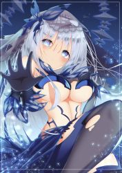 Rule 34 | 1girl, absurdres, alternate breast size, artist name, black thighhighs, blue dress, blue eyes, blue gloves, blush, breasts, cleavage, closed mouth, commentary request, date a live, dress, expressionless, feet out of frame, gloves, hair between eyes, hair ornament, highres, jam (jamjam777), large breasts, long hair, looking at viewer, signature, thighhighs, tobiichi origami, torn clothes, torn legwear, underboob