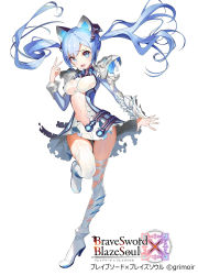Rule 34 | 1girl, animal ears, blue dress, blue eyes, blue hair, blush, boots, brave sword x blaze soul, breasts, cat ears, copyright name, dress, gaou (umaiyo puyoman), hand up, high heel boots, high heels, highres, knee up, large breasts, long hair, long sleeves, looking at viewer, matching hair/eyes, navel, official art, open mouth, science fiction, short dress, simple background, solo, standing, standing on one leg, thigh boots, thighhighs, thighs, twintails, v, watermark, white background, white dress, white thighhighs