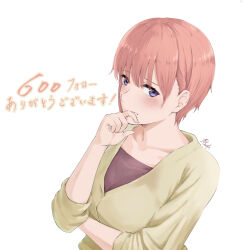 Rule 34 | 1girl, blush, breasts, brown shirt, closed mouth, collarbone, commentary request, eyelashes, eyes visible through hair, finger to mouth, fingernails, from above, frown, go-toubun no hanayome, hair between eyes, highres, index finger raised, large breasts, looking at viewer, nakano ichika, nose, pink hair, ricky (haye4843), shirt, short hair, shy, sidelocks, signature, simple background, sleeves rolled up, solo, straight hair, translated, upper body, white background, yellow shirt