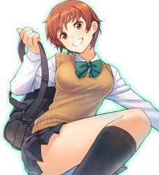 Rule 34 | 1girl, :d, bag, black bag, black socks, blue skirt, bow, bowtie, breasts, brown eyes, brown hair, brown vest, collared shirt, green bow, green bowtie, green outline, hand up, head tilt, highres, itou (onsoku tassha), long sleeves, looking at viewer, medium breasts, open mouth, outline, pleated skirt, school uniform, shirt, short hair, shoulder bag, simple background, skirt, smile, socks, solo, vest, white background, white shirt, wing collar