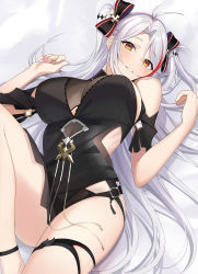 Rule 34 | 1girl, absurdres, ahoge, ankle strap, azur lane, black dress, bow, breasts, dress, hair bow, hands up, highres, iron blood (emblem), large breasts, long hair, lying, multicolored hair, on back, orange eyes, parted lips, prinz eugen (azur lane), prinz eugen (cordial cornflower) (azur lane), red hair, short dress, solo, streaked hair, thigh strap, thighs, two side up, very long hair, white hair, xiaoxiao de kuangsan