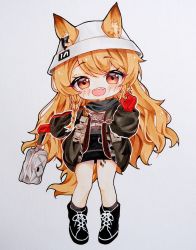 Rule 34 | 1girl, animal ears, arknights, bag, black jacket, blonde hair, blush, ceobe (arknights), ceobe (unfettered) (arknights), chain, chibi, commentary request, dog ears, dog girl, dog tail, dolphin, earrings, ears through headwear, fang, gloves, hand up, head tilt, high tops, highres, holding, holding bag, jacket, jewelry, long hair, long sleeves, looking at viewer, material growth, official alternate costume, open mouth, oripathy lesion (arknights), oversized clothes, popi (maqu2 berry), pouch, red eyes, red gloves, scarf, shoes, simple background, smile, sneakers, socks, solo, tail, traditional media, white background, white headwear