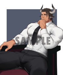 Rule 34 | 1boy, absurdres, alternate costume, animal ears, arknights, bara, black pants, brown eyes, brown hair, bulge, commission, cow boy, cow ears, cow horns, earrings, elbow rest, feet out of frame, formal, highres, horns, jewelry, large pectorals, male focus, matterhorn (arknights), muscular, muscular male, necktie, on chair, pants, pectorals, salaryman, sample watermark, shirt, short hair, sideburns, sitting, solo, spread legs, thick thighs, thighs, watermark, white shirt, xianyusamuel