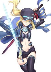 Rule 34 | 1girl, ahoge, artoria pendragon (fate), athenawyrm, baseball cap, black hat, black shorts, blonde hair, blue jacket, blue scarf, dual wielding, excalibur (fate/stay night), excalibur morgan (fate), fate/grand order, fate (series), green eyes, hair through headwear, hat, highres, himitsucalibur (fate), holding, holding sword, holding weapon, jacket, midiman, mysterious heroine x (fate), mysterious heroine x (third ascension) (fate), open clothes, open jacket, scarf, shorts, solo, sword, thighhighs, track jacket, weapon