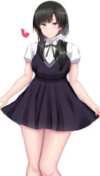 Rule 34 | 1girl, absurdres, assault lily, bad id, bad pixiv id, black dress, black hair, blunt bangs, blush, buttons, chin gero, closed mouth, collared shirt, commentary request, dress, feet out of frame, green eyes, green ribbon, hair ornament, hair over shoulder, hair scrunchie, heart, highres, long hair, looking at viewer, low ponytail, neck ribbon, pinafore dress, ribbon, school uniform, scrunchie, shirt, short dress, side ponytail, simple background, skirt hold, sleeveless dress, smile, solo, standing, wang yujia, white background, white scrunchie, white shirt