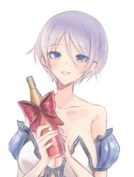 Rule 34 | 1girl, absurdres, bare shoulders, blue eyes, bottle, bow, breasts, cleavage, collarbone, flower knight girl, highres, holding, holding bottle, iyuka (ecalyu), large breasts, looking at viewer, purple hair, red bow, ryukokorine (flower knight girl), short hair, simple background, smile, solo, upper body, very short hair, white background, wine bottle