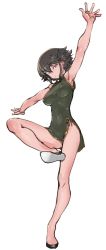 Rule 34 | 1girl, abaratani kurou, alternate costume, armpits, black dress, black footwear, black hair, braid, breasts, brown eyes, china dress, chinese clothes, closed mouth, commentary, covered navel, dress, flats, full body, girls und panzer, half-closed eyes, highres, leg up, legs, light frown, looking at viewer, medium breasts, microdress, outstretched arms, pepperoni (girls und panzer), short hair, side braid, side slit, simple background, sleeveless, sleeveless dress, solo, spread arms, standing, white background
