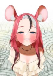 Rule 34 | 1girl, absurdres, animal ear fluff, animal ears, bare shoulders, black hair, blue eyes, blush, butayaro kr, earrings, extra ears, hakos baelz, highres, hololive, hololive english, jewelry, long hair, looking at viewer, mouse ears, multicolored hair, necklace, off-shoulder shirt, off shoulder, red hair, shirt, smile, solo, streaked hair, upper body, virtual youtuber, white hair