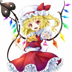 Rule 34 | 1girl, ascot, bad id, bad pixiv id, blonde hair, bloomers, blush, crystal, fangs, flandre scarlet, hat, hotori (sion), laevatein, lips, open mouth, puffy sleeves, red eyes, ribbon, short hair, short sleeves, side ponytail, skirt, smile, solo, touhou, underwear, vest, white background, wings