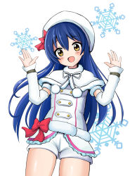 Rule 34 | 1girl, artist name, artist request, blue hair, boots, bow, female focus, fur collar, fur trim, hat, highres, knee boots, long hair, looking at viewer, love live!, love live! school idol project, pants, pink bow, red bow, shirt, shorts, snow flakes, snow halation, solo, sonoda umi, standing, surprised, thigh gap, very long hair, white background, white footwear, white pants, white shirt, yellow eyes