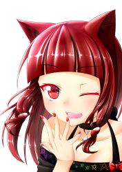 Rule 34 | 1girl, absurdres, animal ears, brown hair, cat ears, highres, nail art, nail polish, one eye closed, open mouth, original, red eyes, ribbon, self-upload, smile, solo, vahn yourdoom, wink