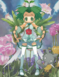 Rule 34 | 1girl, bug, child, dress, eco-tan, fingerless gloves, flower, flower request, gloves, green eyes, green hair, matching hair/eyes, nature, original, outstretched arms, outstretched hand, plant, reaching, short hair, smile, solo, thighhighs, tulip, yuuki (irodo rhythm)