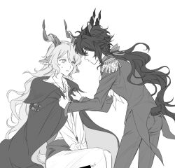 Rule 34 | 2boys, animal ears, arknights, cape, clothing cutout, collared shirt, dress shirt, ebenholz (arknights), epaulettes, eye contact, feet out of frame, greyscale, hair between eyes, horns, kreide (arknights), leaning forward, long hair, looking at another, male focus, monochrome, multiple boys, pants, parted lips, profile, rio (rio773), shirt, simple background, sitting, standing, sweat, tail, tail through clothes, very long hair, white background