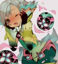 Rule 34 | 1boy, :d, ahoge, artist name, black gloves, dadeltan, floren (xenoblade), gloves, green hair, green leotard, green sleeves, grey background, hands on own cheeks, hands on own face, leotard, looking at viewer, one eye closed, open mouth, pink eyes, short hair, simple background, smile, solo, trap, xenoblade chronicles (series), xenoblade chronicles 2
