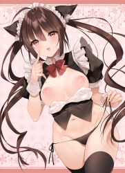 Rule 34 | 1girl, :d, ahoge, animal ear fluff, animal ears, bikini, black panties, black thighhighs, blush, bow, bowtie, breasts, breasts out, brown eyes, brown hair, cat ears, cat girl, cleavage cutout, clothing cutout, cowboy shot, dutch angle, fake animal ears, finger to own chin, frills, groin, hair between eyes, highres, inverted nipples, kurumi moka, long hair, looking at viewer, maid, maid bikini, maid headdress, medium breasts, midriff, navel, nipples, open mouth, original, panties, red bow, red bowtie, ringlets, short sleeves, side-tie panties, sidelocks, smile, solo, standing, swimsuit, thighhighs, thong, twintails, unconventional maid, underwear, very long hair, wrist cuffs